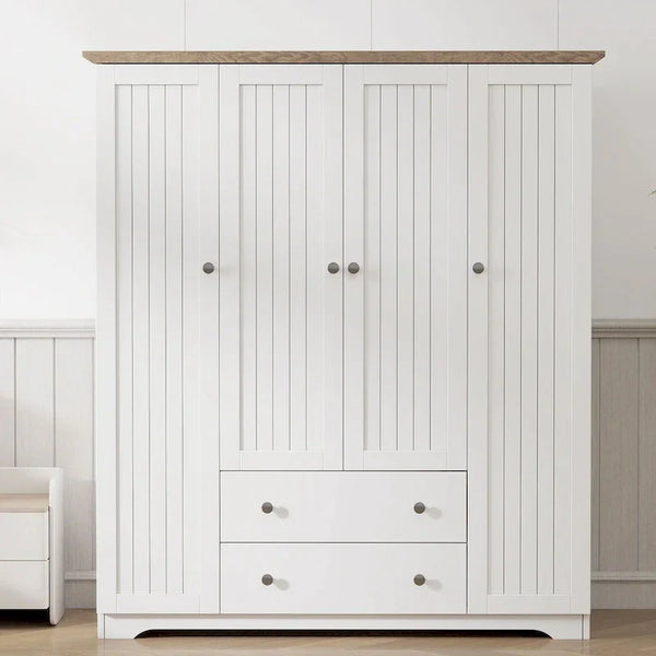 Freestanding 4 - Door Wardrobe Armoire with 2 Drawers and Hanging Rods for Clothes Storage