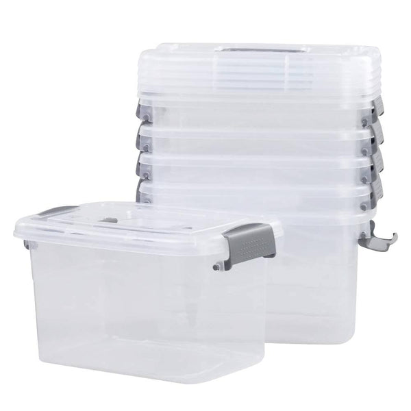 Minekkyes 6-Pack Home Storage Bins, Plastic Container, Latching Box with Handle (Grey Handle)
