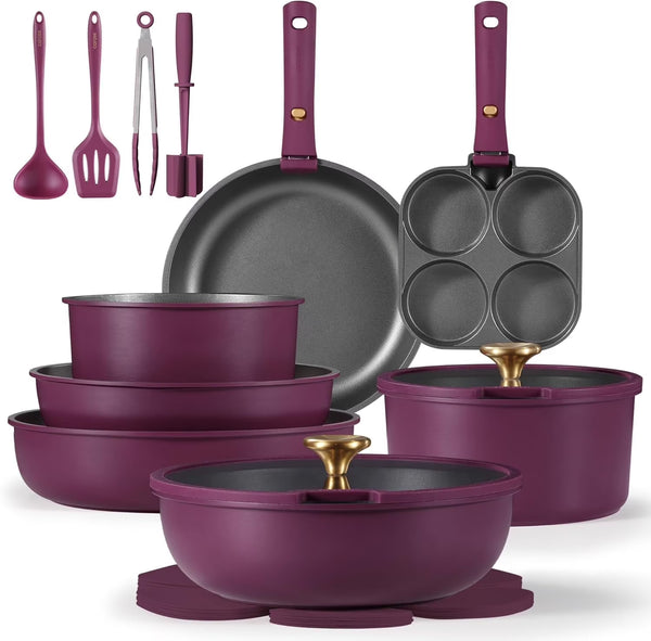Carote 20 Pcs Nonstick Cookware Sets, Pots and Pans Set with Detachable Handles, Oven Safe, Induction Cookware, Stackable Kitchen Cooking Set, Ultra